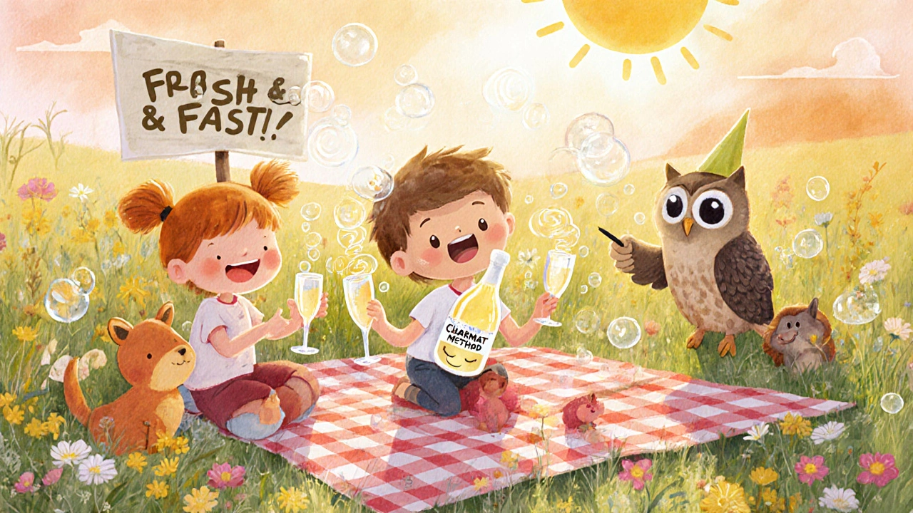 Пикник с детьми и животными, пьющими игристое вино, пузырьки поднимаются радужными спиралями.