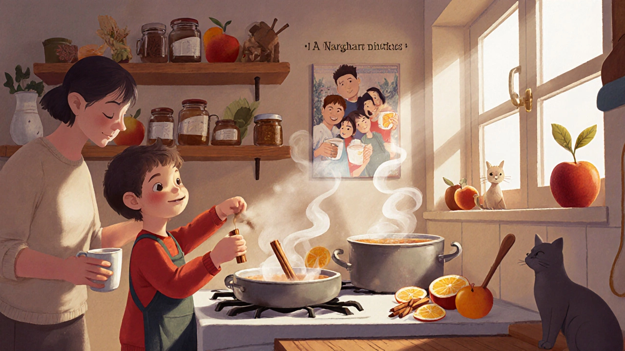 Ребёнок готовит безалкогольный пунш на кухне с родителем.