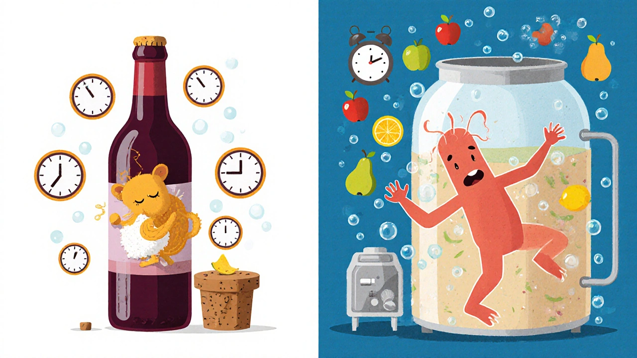 Сравнение: медленное брожение в бутылке и быстрое — в большом резервуаре с фруктовыми иконками.