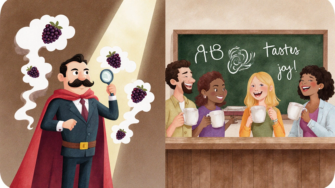 Критик оценивает вино под светом, а люди пьют его в уютной кухне с надписью &#039;Вкусно!&#039;