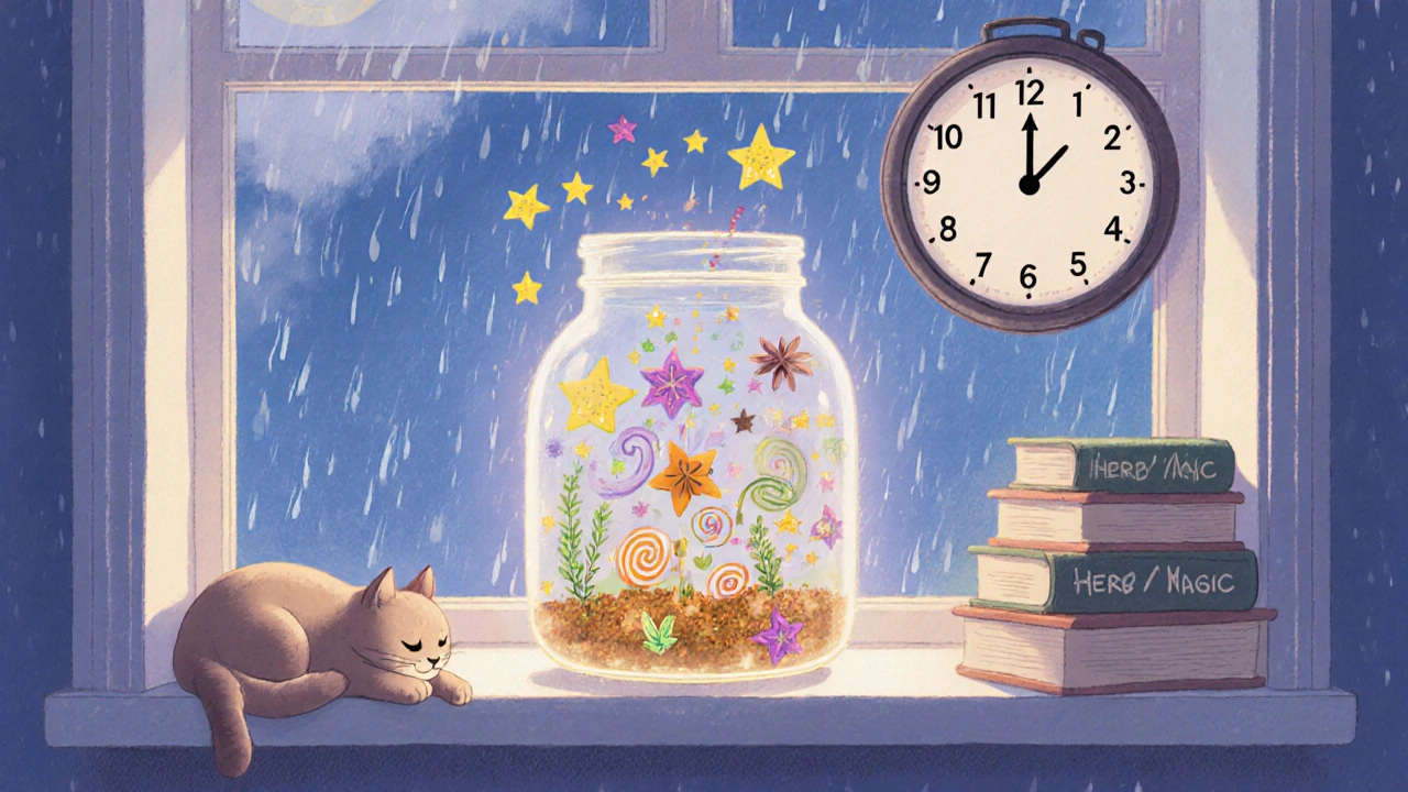 Прозрачная банка с волшебными ароматными частицами на подоконнике, проходят дни.