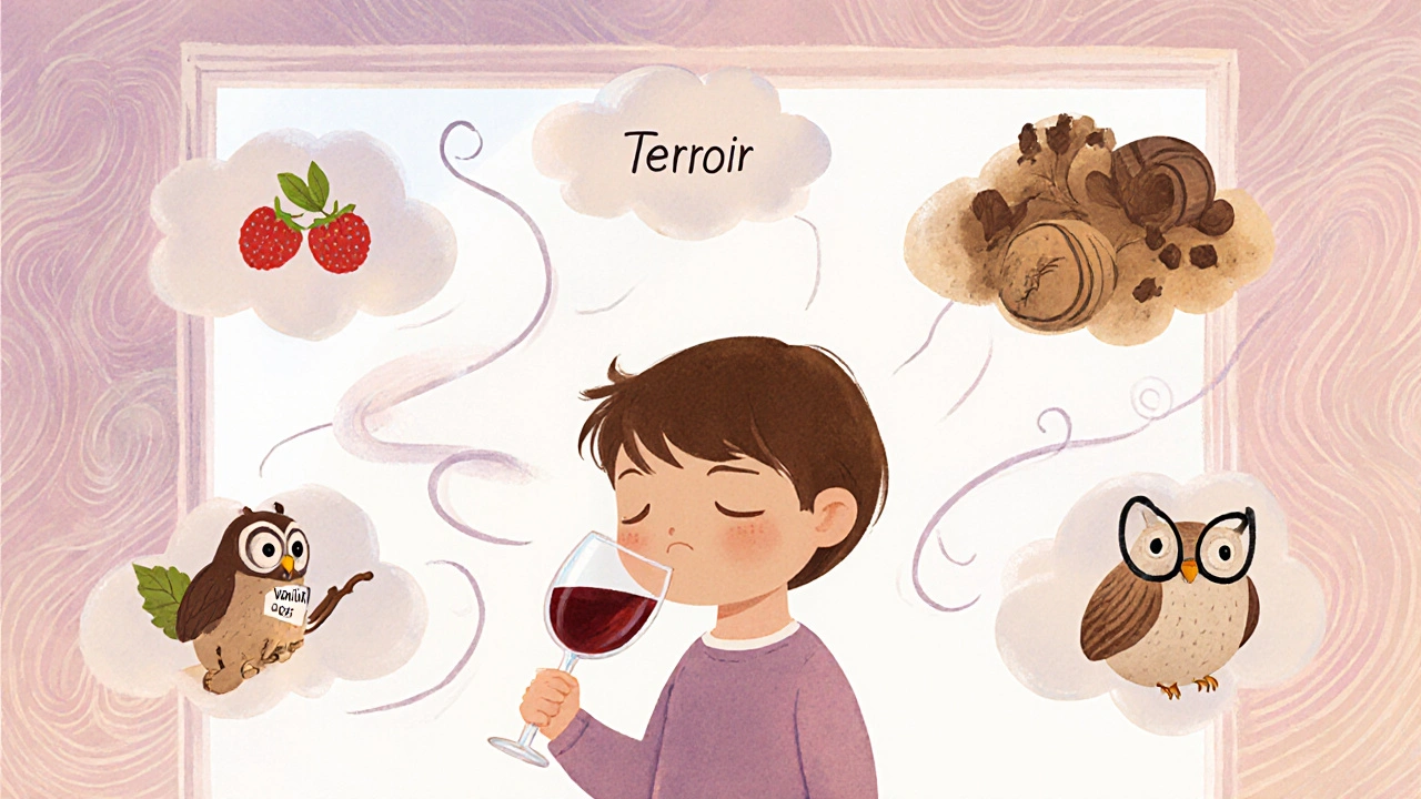 Ребёнок нюхает вино, вокруг него летают ароматы в виде облаков.