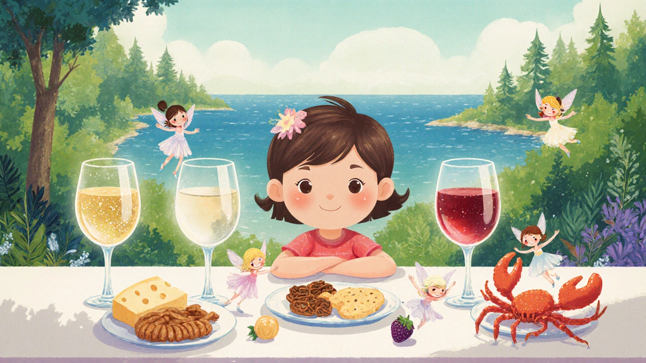 Ребёнок пробует четыре русских закуски с винами, вокруг танцуют феи вкуса, лес и море на заднем плане.
