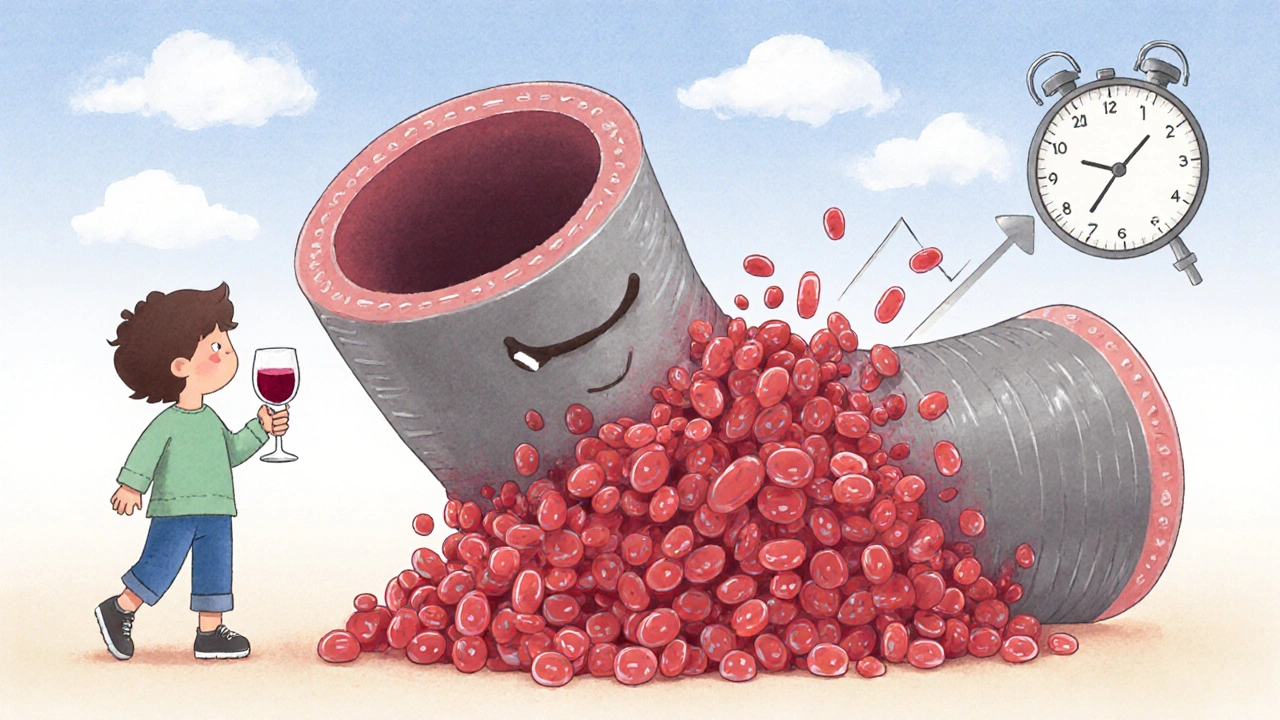 Ребёнок с бокалом вина, а кровеносный сосуд становится жёстким, как старый шланг, с липкими клетками крови.