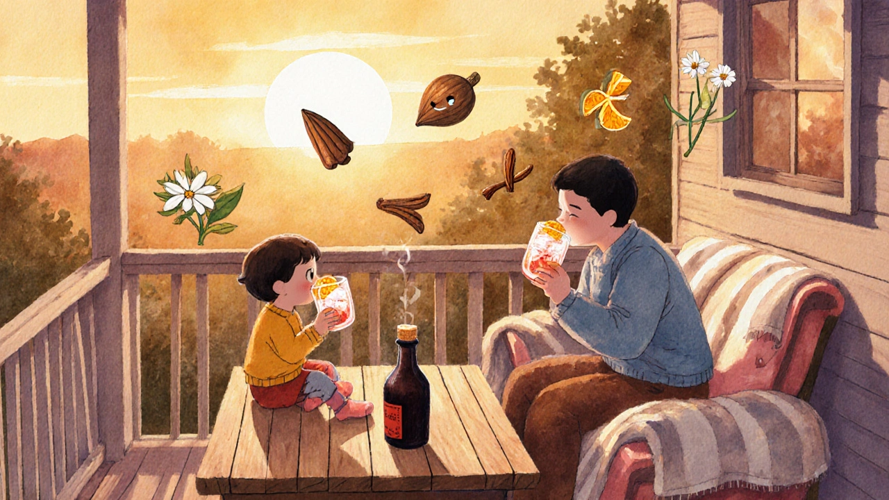 Семья пьёт вермут на террасе при закате с апельсиновой цедрой и травяными фантазиями.