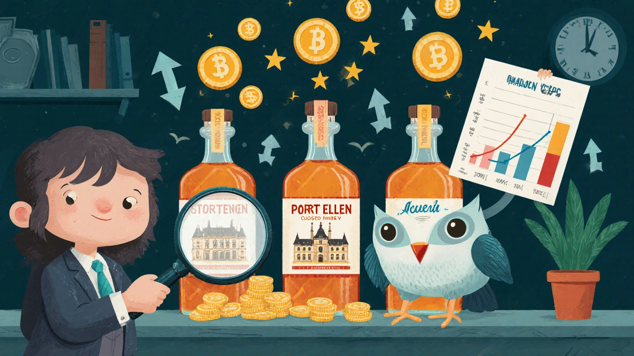 Юный инвестор с лупой изучает три редкие бутылки, рядом с ним сова с графиком роста.
