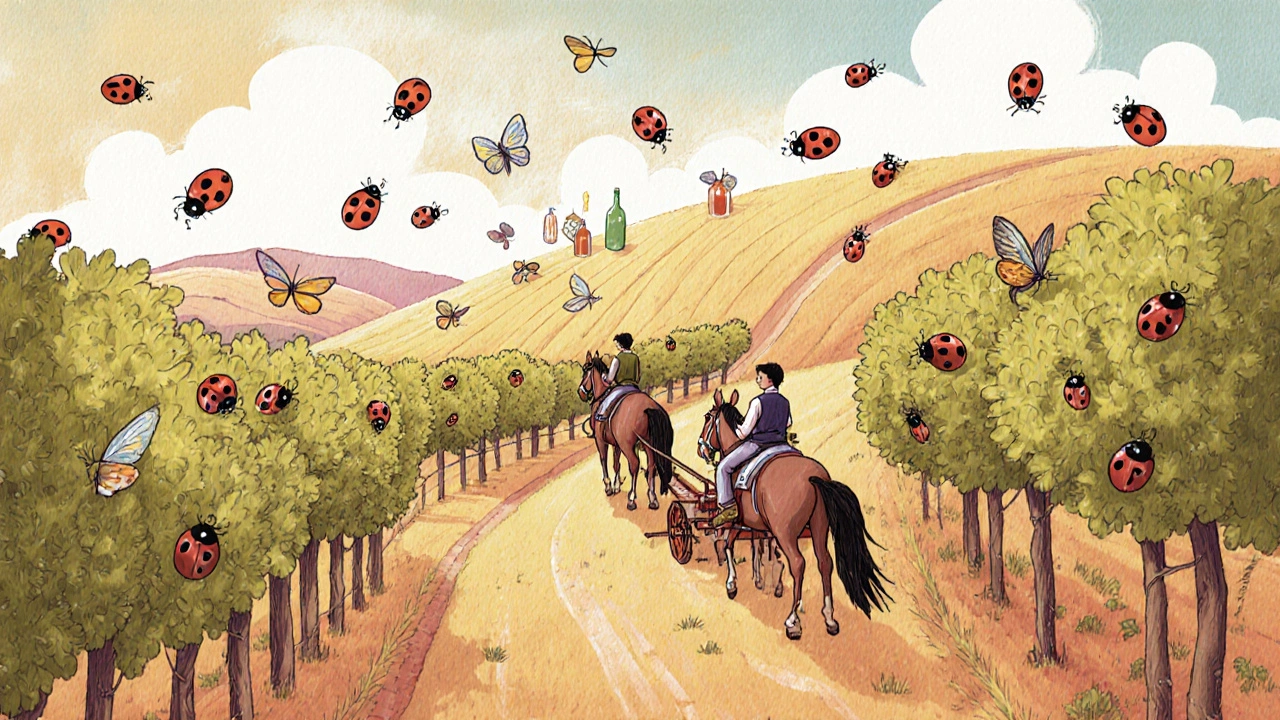 Виноградники, где виноград собирают вручную, а лошади вспахивают землю без химикатов.