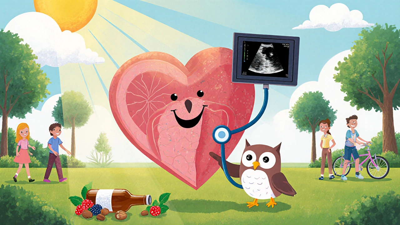 Восстанавливающееся сердце под наблюдением совы-врача, рядом — ягоды и листья, а разбитая бутылка лежит на земле.