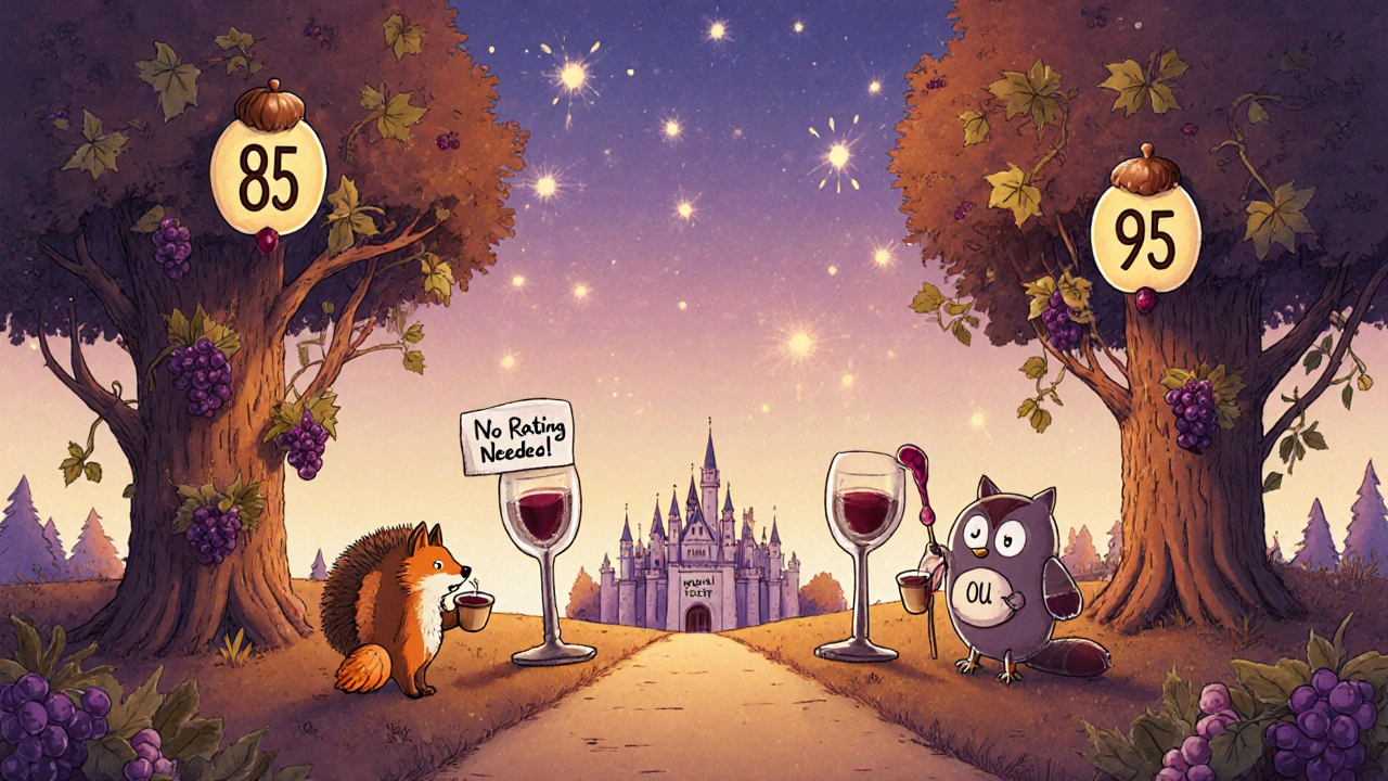 Животные пробуют вино в виноградном лесу, один держит знак &#039;Оценка не нужна!&#039;