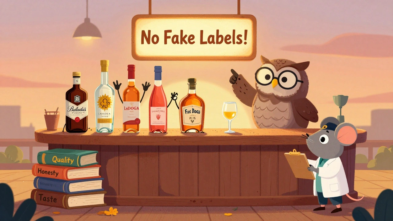Бар из книг с весёлыми бутылками, сова показывает на знак 'Нет подделок!' под тёплым закатом.