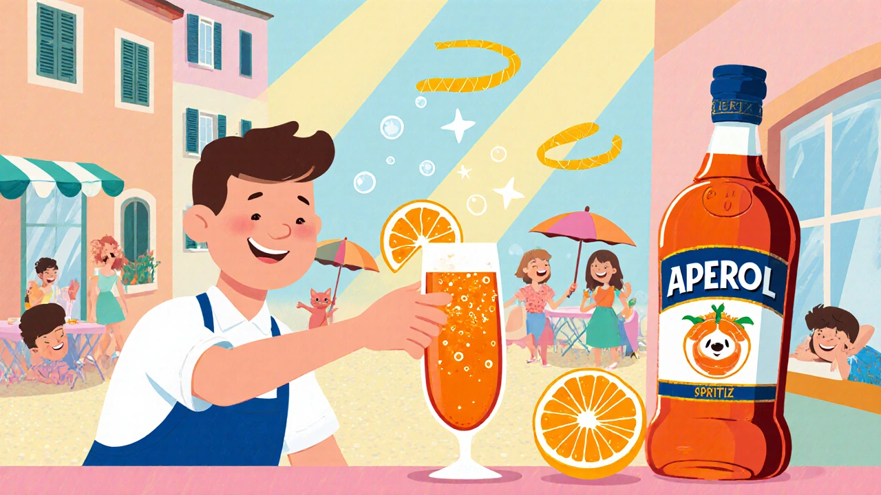 Бармен на террасе наливает яркий апероль-сприц с пузырьками и апельсином.