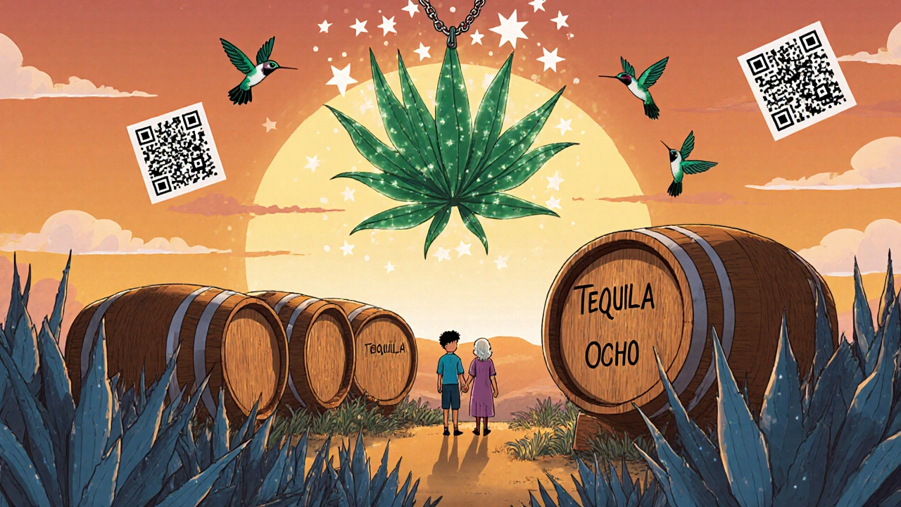 Блокчейн-ожерелье из листьев агавы светится над бочками с текилой под закатом.