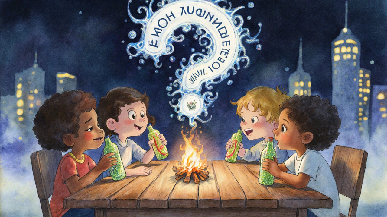 Дети пробуют разные напитки, выражения лиц разные — один удивлён, другой рад, другой смеётся.