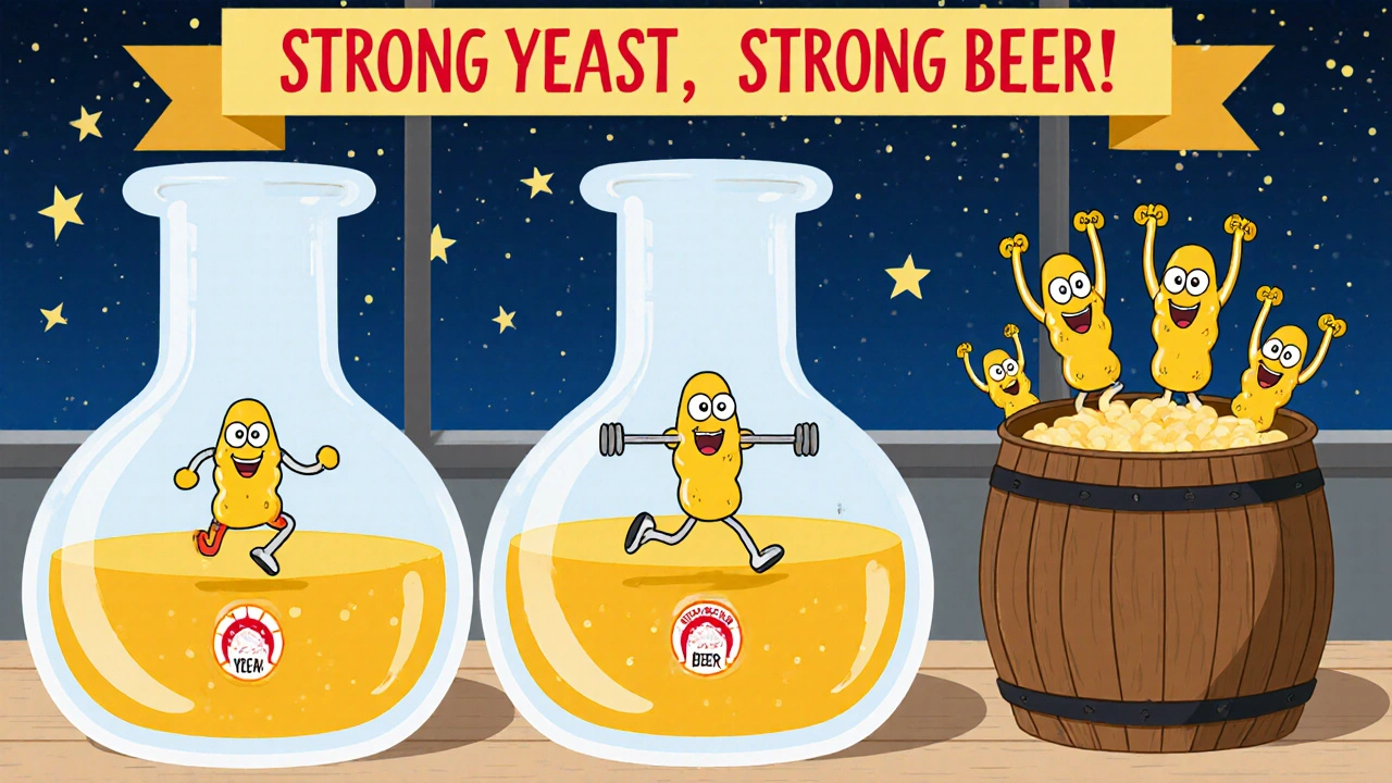 Дрожжи проходят тренировку в трёх колбах, становясь всё сильнее, пока не прыгают в бочку с пивом.
