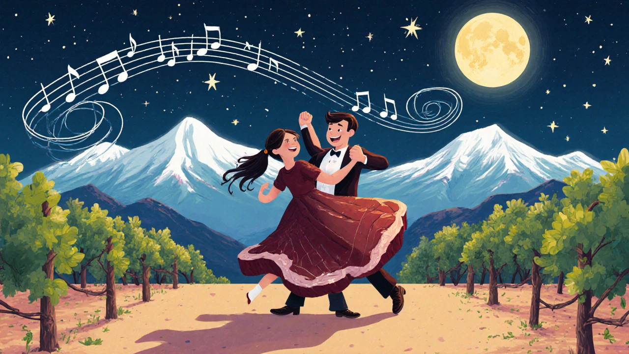 Две фигуры — из вина и стейка — танцуют танго на винограднике под звёздами.