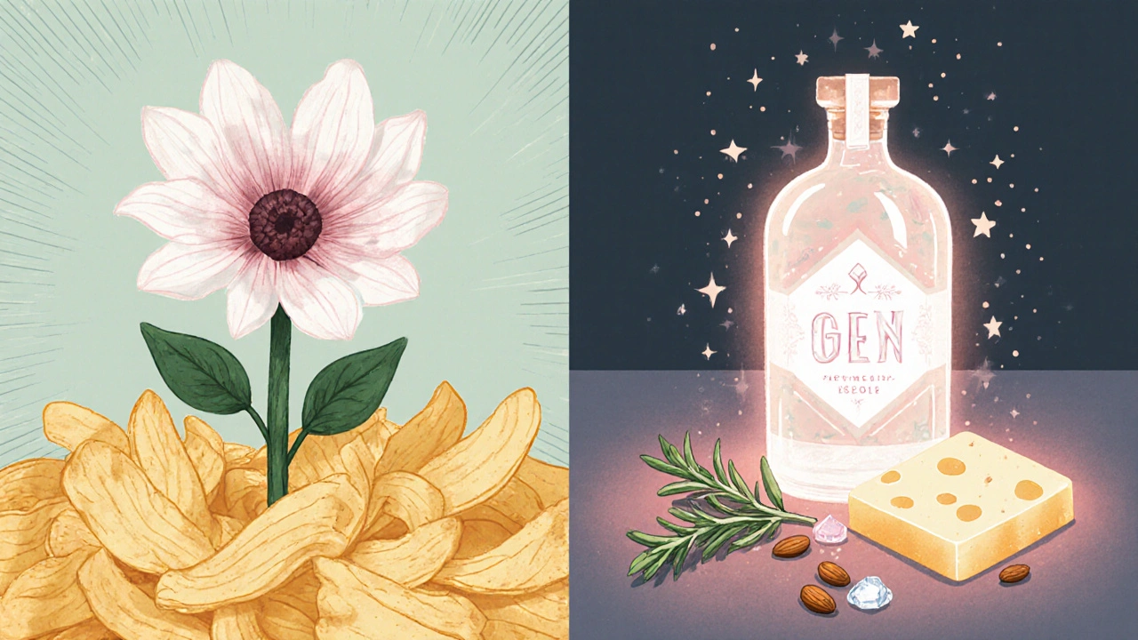 Джин с цветами рядом с орехами и сыром, а не с чипсами.