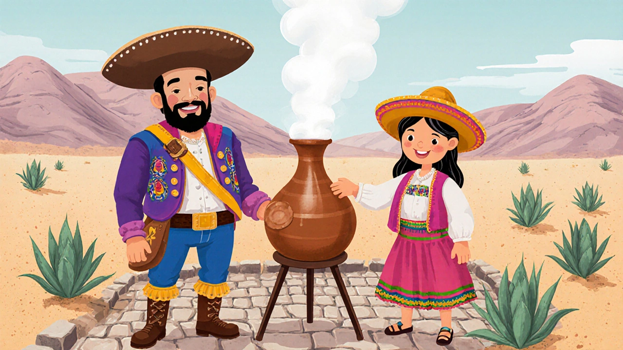 Испанец и мексиканский фермер вместе перегоняют сок агавы в древнем стиле.