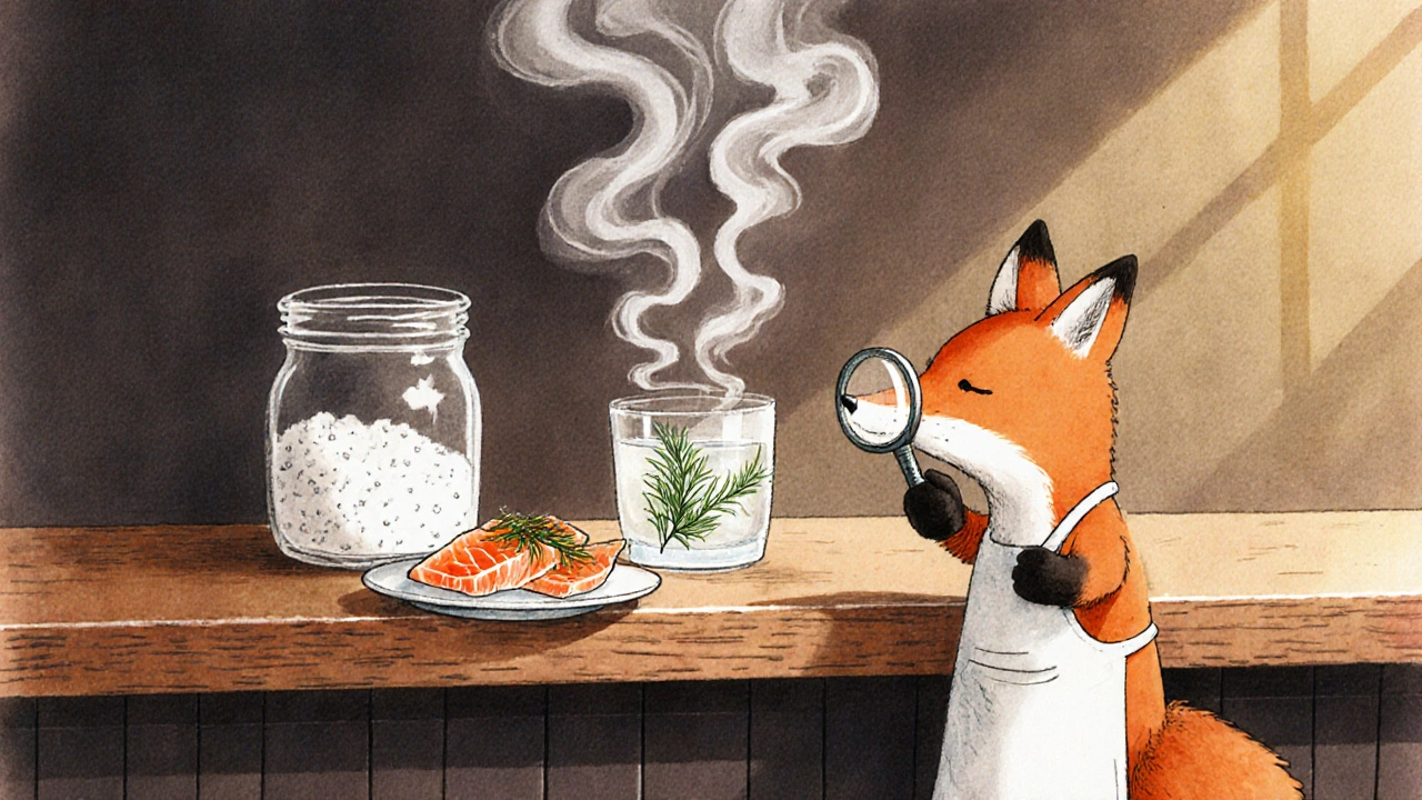 Лиса с лупой смотрит на пары от джина в уютной кухне.