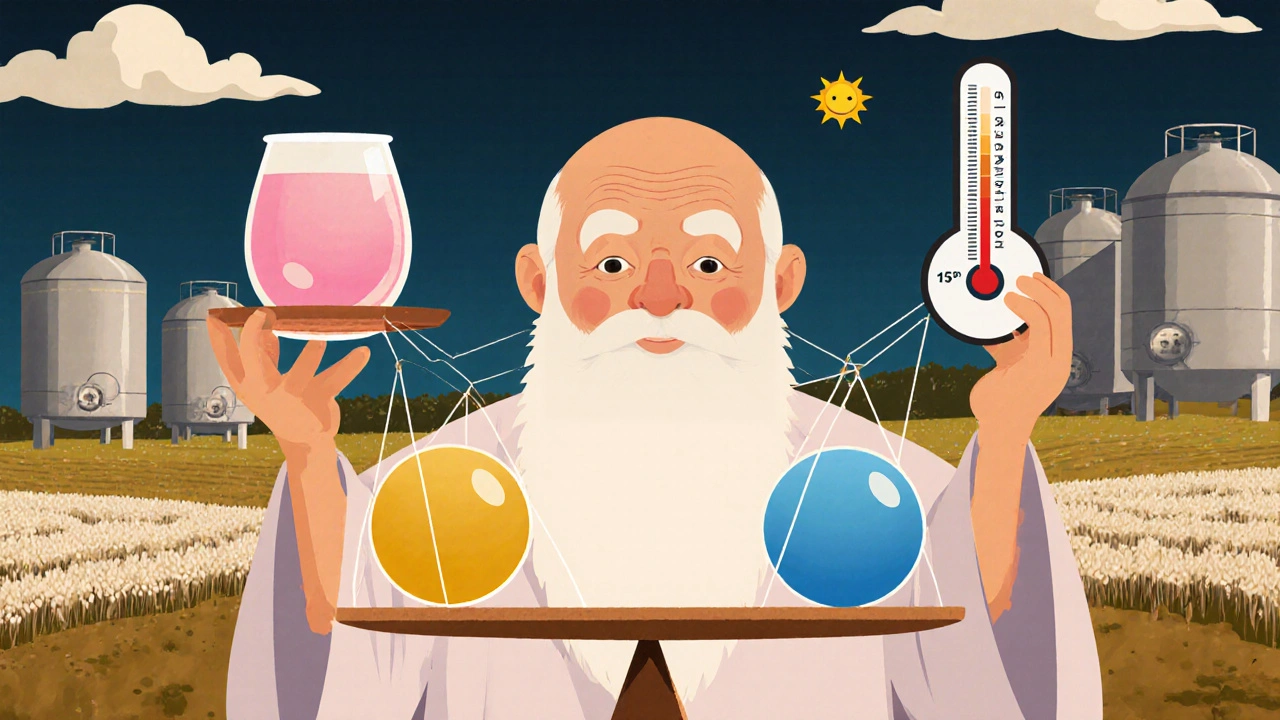 Мастер саке держит стакан, на котором сбалансированы три цветных шара вкуса.