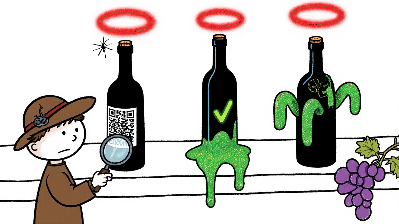 На полке супермаркета три бутылки вина с предупреждающими знаками, одна из них протекает.