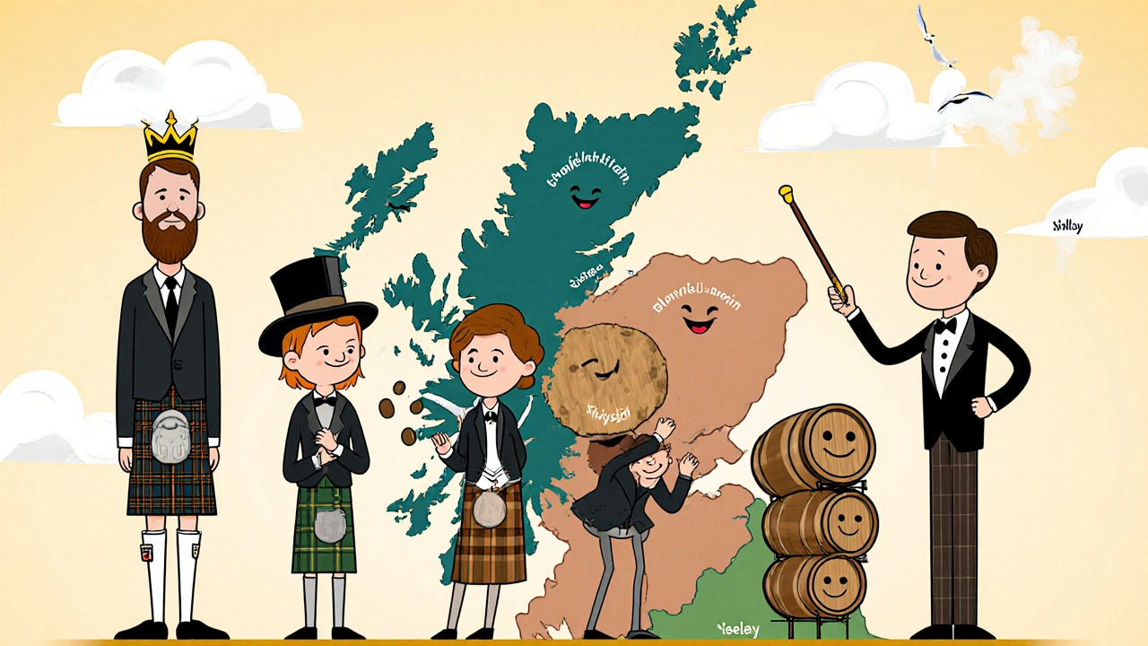 Пять персонажей-виски в стиле детской книжки, каждый代表 разный тип виски, на фоне карты Шотландии.