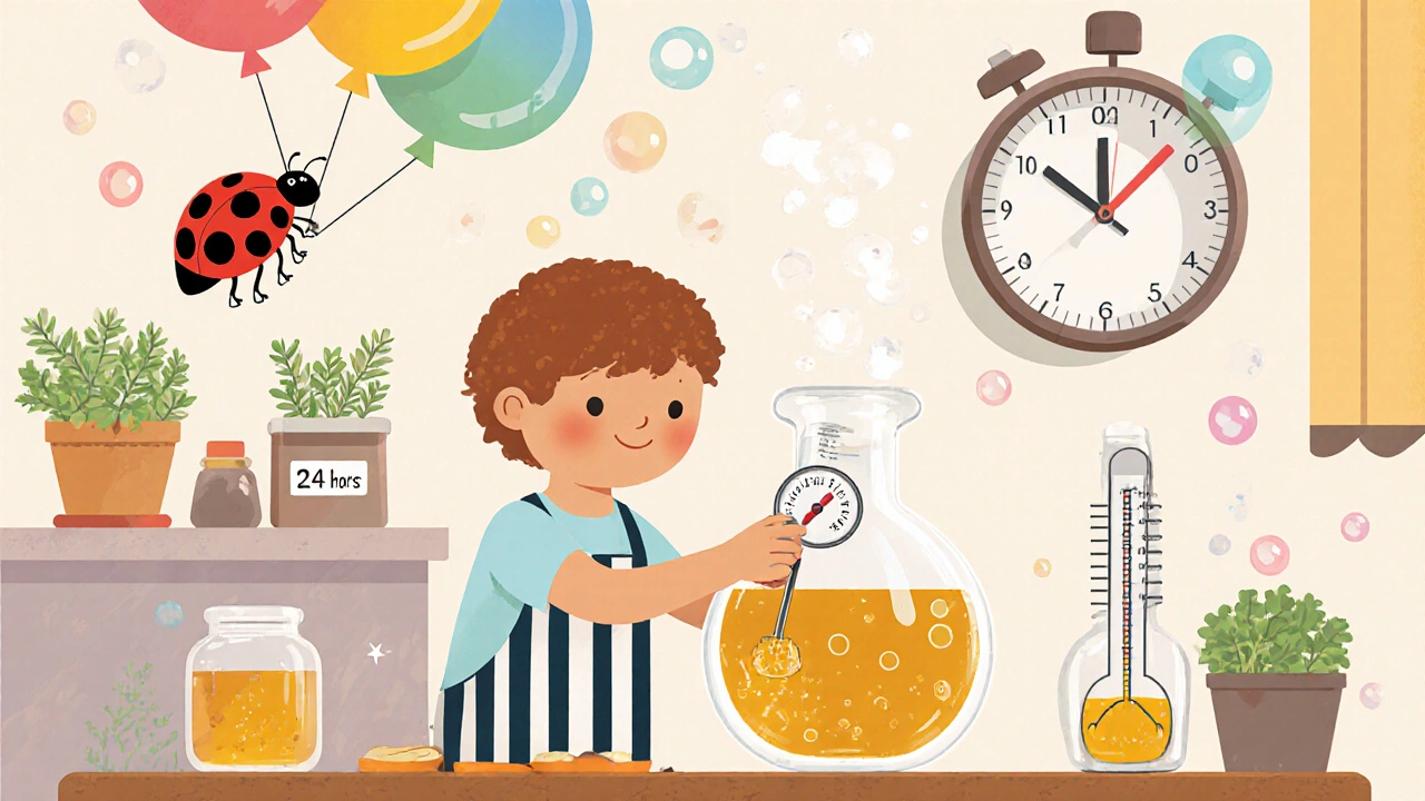 Пивовар в фартуке заливает охлаждённое сусло в колбу, рядом — термометр и магнитная мешалка.