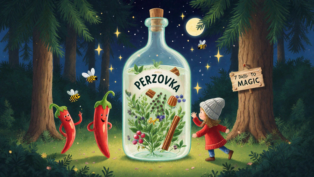 Разговаривающие перец, корица и пчёлы танцуют вокруг волшебной бутылки перцовки в лесу.