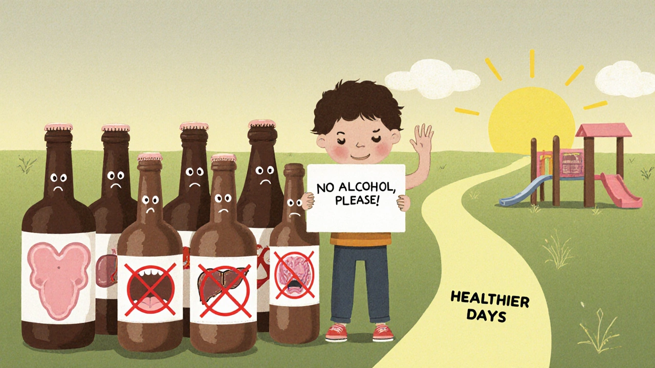 Ребёнок держит знак против алкоголя, а семь форм рака уходят, пока путь ведёт к игровой площадке здоровья.