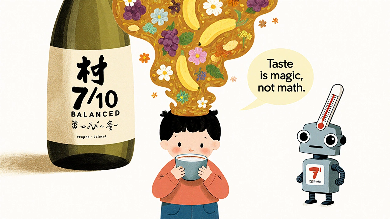 Ребёнок пьёт саке, а из его рта поднимаются фрукты и цветы как ароматы.