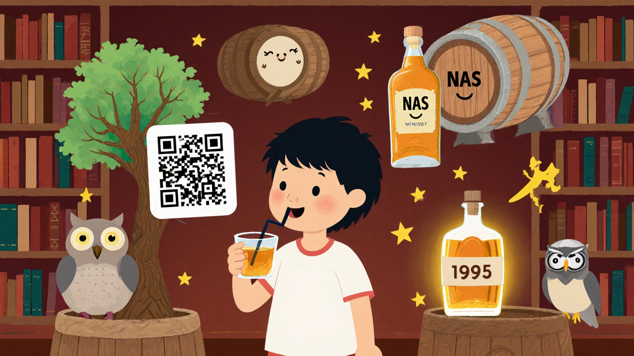Ребёнок пьёт виски через соломинку, вокруг — символы NAS, QR-код, бочка и винтажная бутылка в библиотеке.