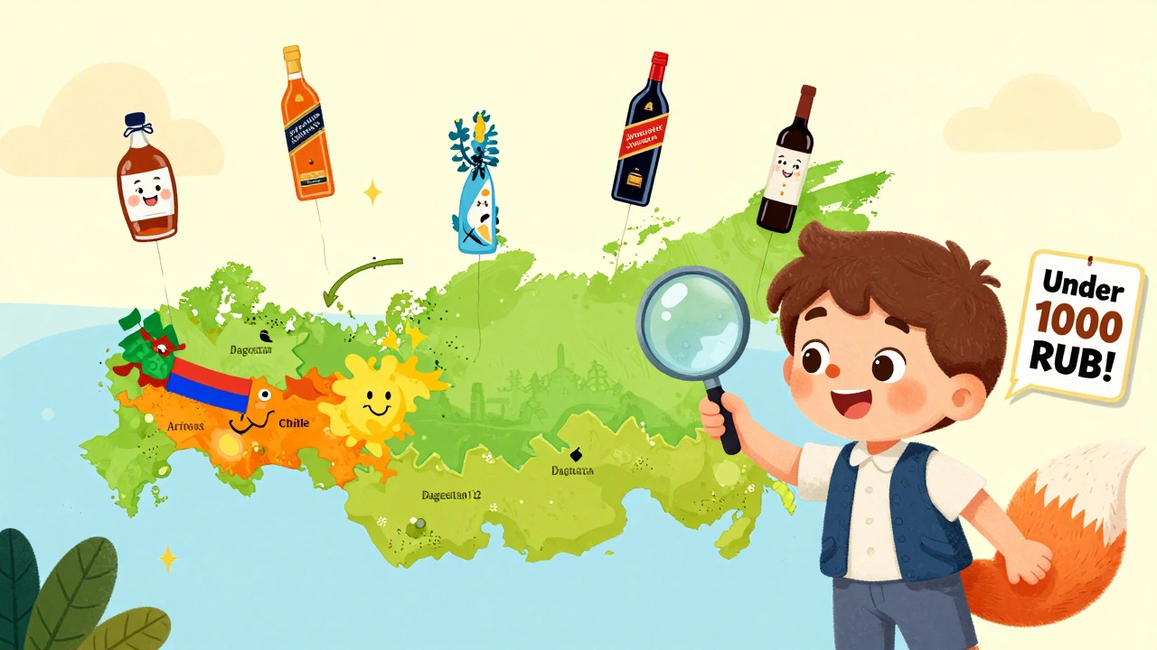 Ребёнок с лупой указывает на карту России с летающими бутылками вина, виски, коньяка и водки.