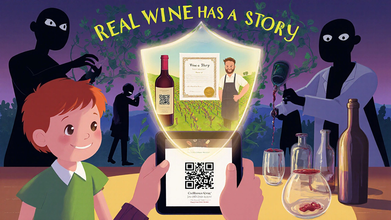 Ребёнок сканирует QR-код вина, и появляется голографическая виноградная лоза с сертификатом.