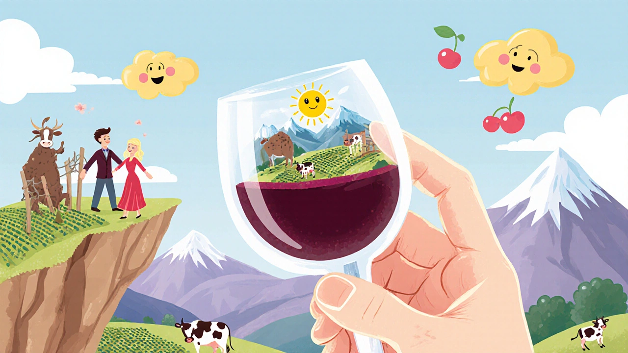 Ребёнок смотрит в бокал, где вино превращается в миниатюрную аргентинскую пейзажную сцену.