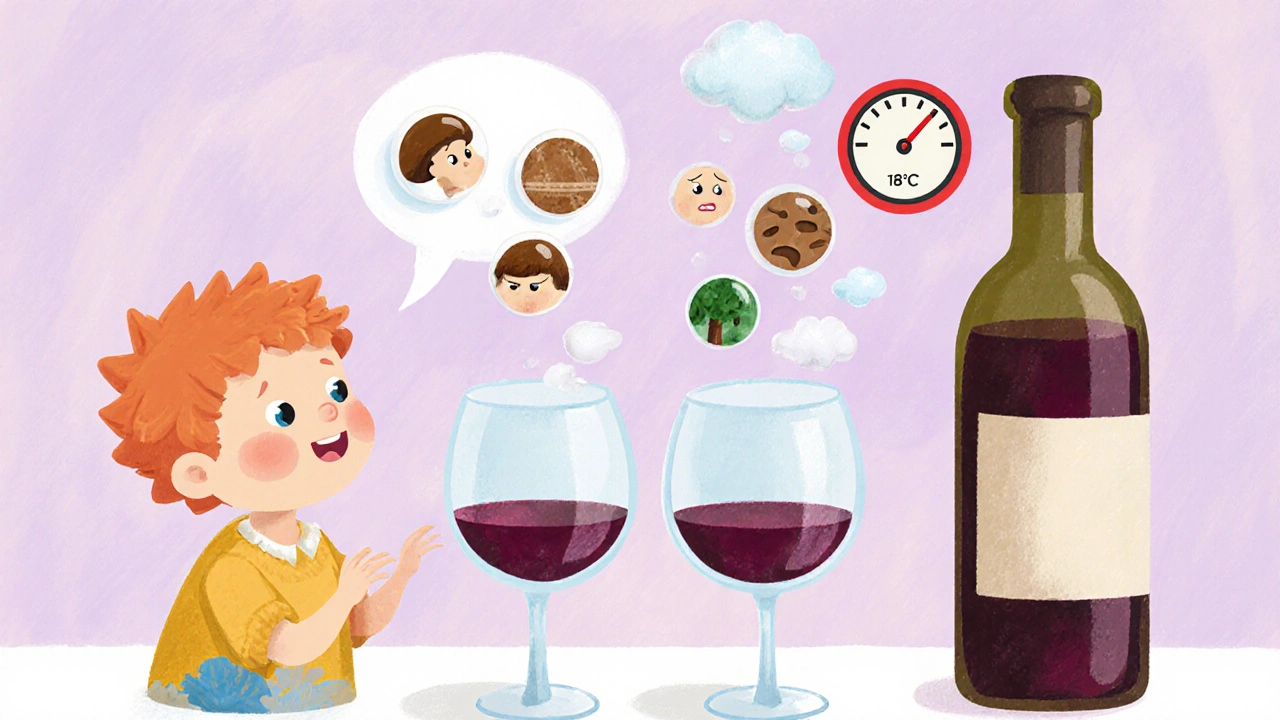 Ребёнок сравнивает два бокала, ароматы в виде облаков поднимаются только из правильного.