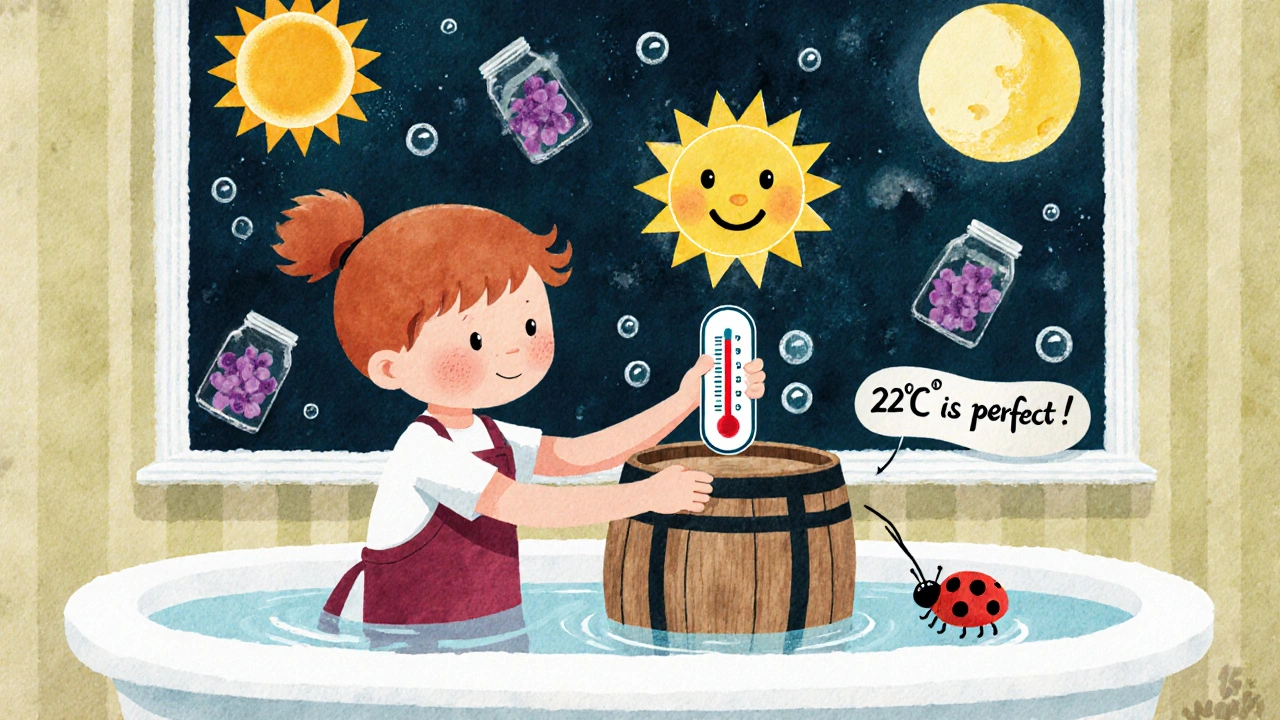 Ребёнок ставит бочку в ванну с водой, чтобы контролировать температуру для вина.