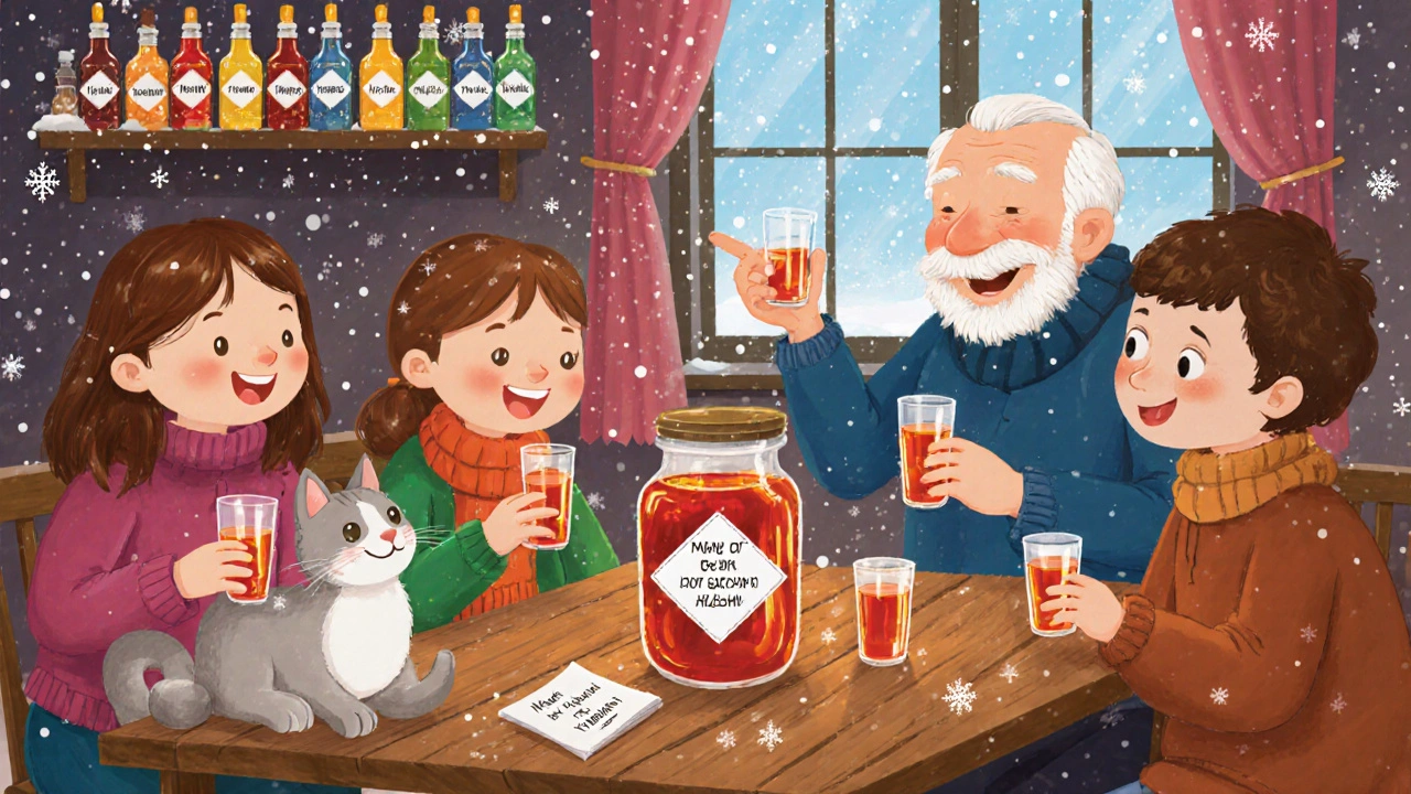 Семья пьёт домашнюю перцовку у зимнего окна, на полке стоят разноцветные бутылочки с настойками.