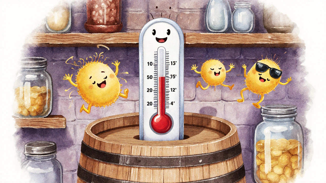Термометр с лицом показывает разные температуры, а дрожжи реагируют на них по-разному.