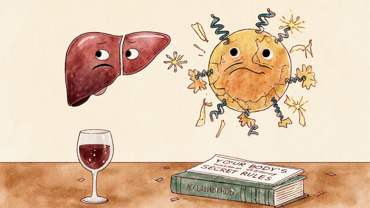 Улыбающийся этанол превращается в злобного ацетальдегида, а клетки с повреждённой ДНК страдают рядом.