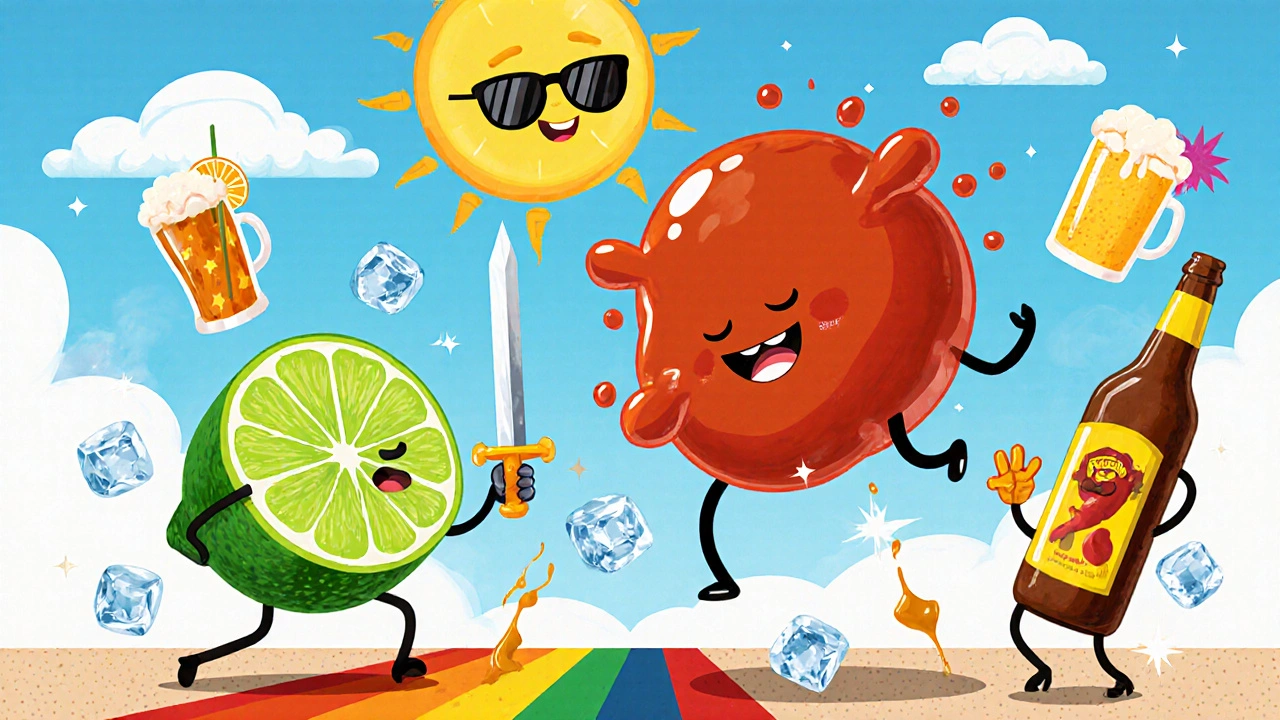 Весёлая битва лайма и чили среди пивных и соусных ингредиентов в сказочном стиле.