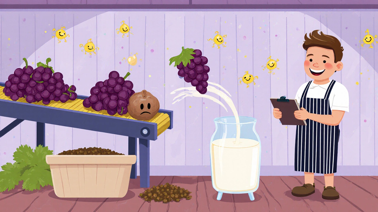 Винодел сортирует виноград на конвейере, веселые дрожжи танцуют в соке.