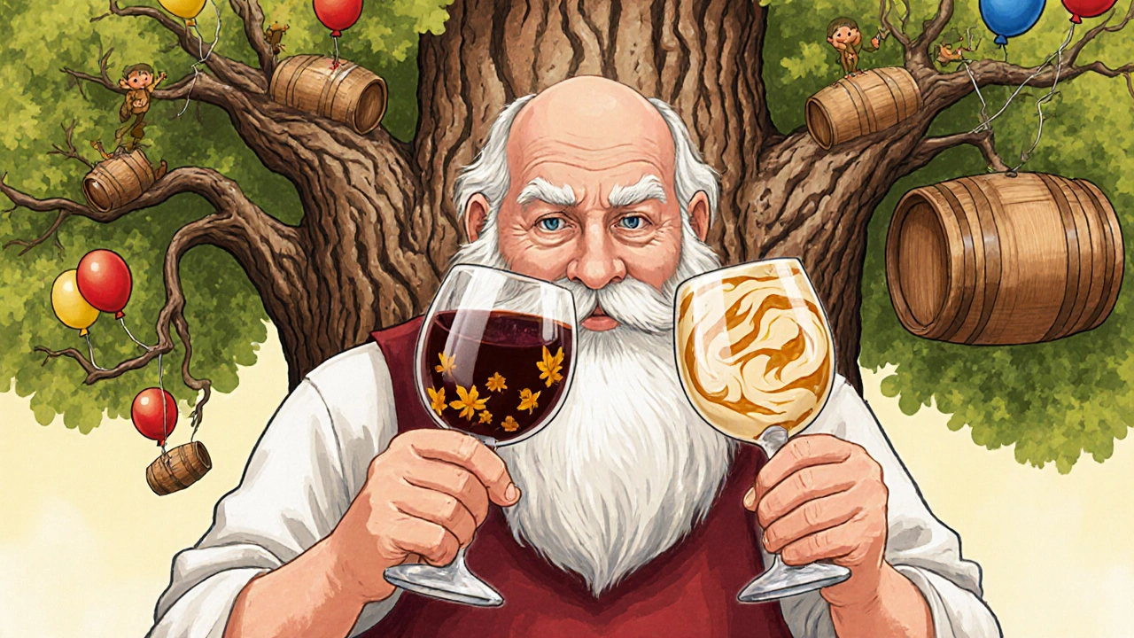 Винодел сравнивает два вина: одно землистое, другое карамельное, за ними — два дуба из одного корня.