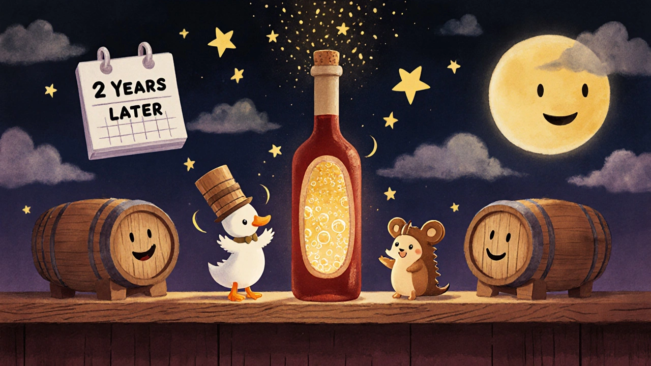 Волшебная бутылка вина с пузырьками и веселыми персонажами на полке под лунным светом.