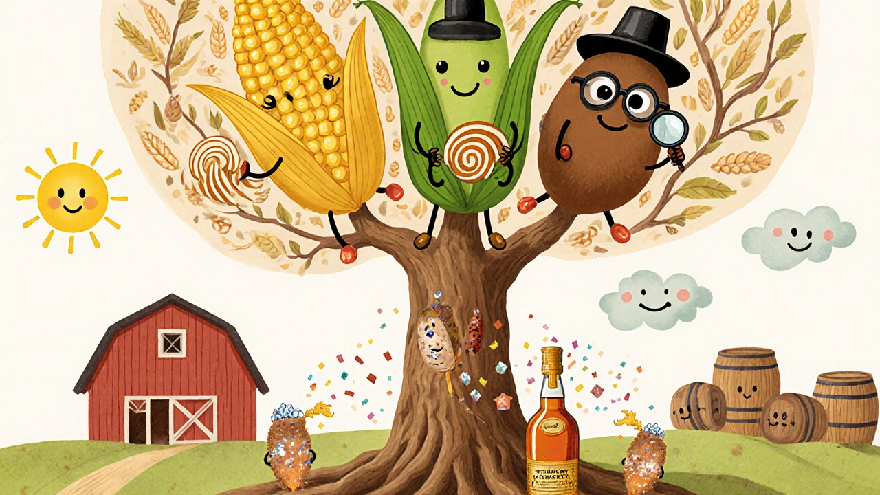 Волшебное дерево зерен: кукуруза, рожь и солод растут из корней в бутылку виски, вокруг — веселые дрожжи.