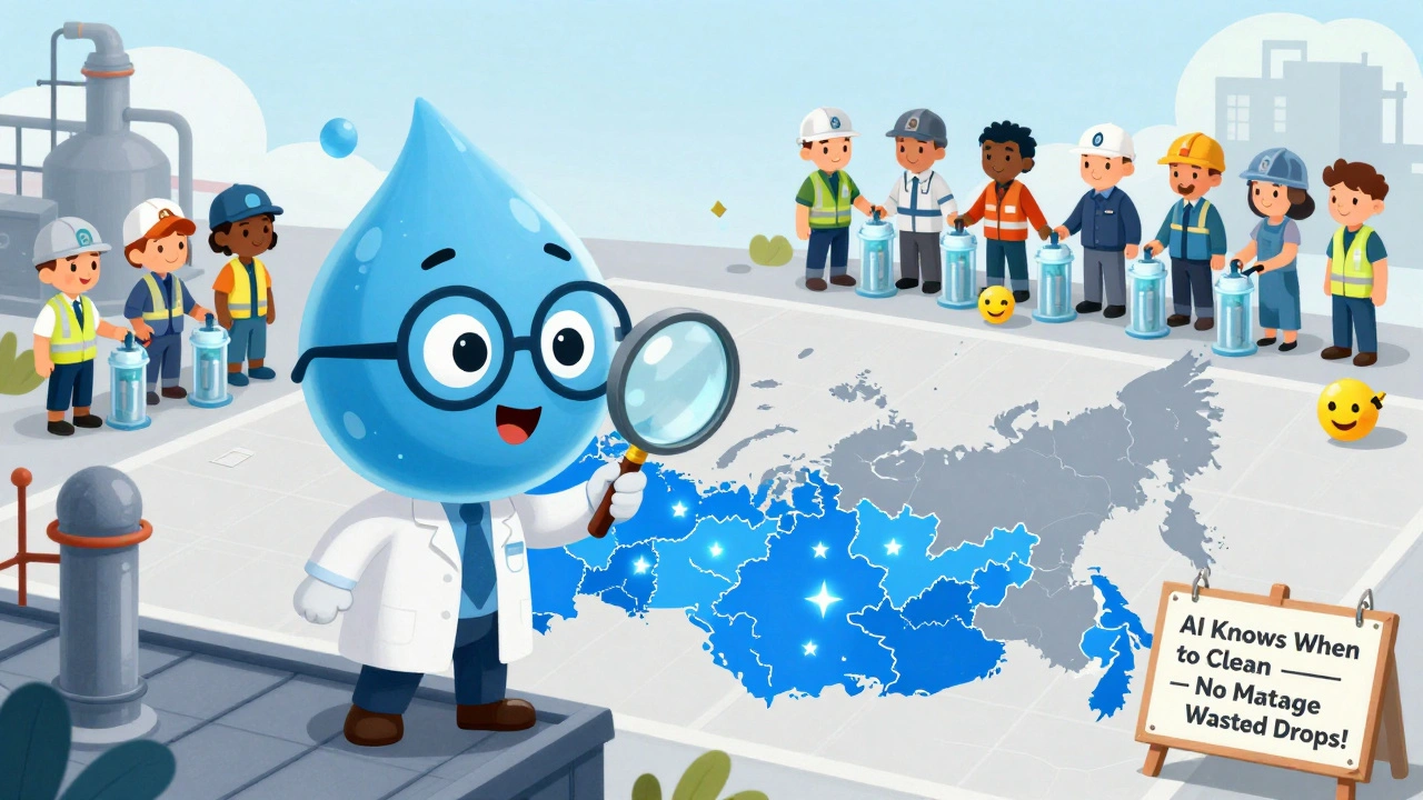 Дружелюбная капля воды с очками показывает на карте России, где системы повторного использования работают лучше всего.