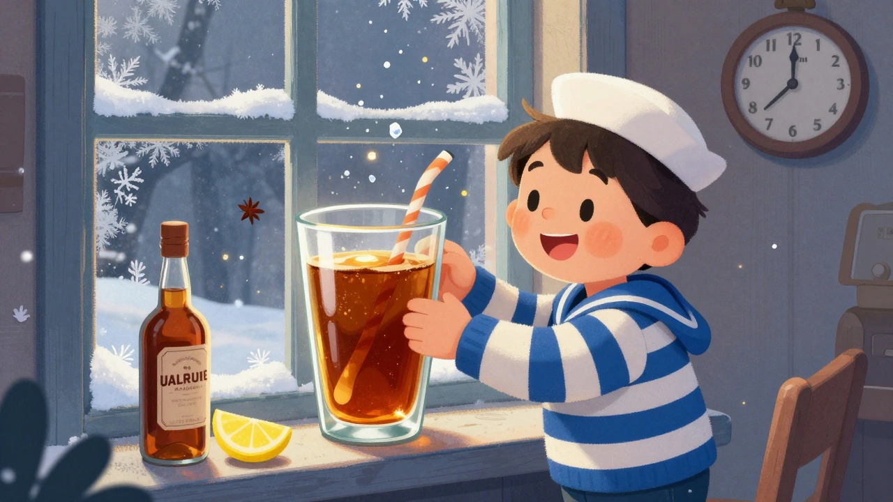 Моряк готовит грог с ромом и лимоном у окна, снежный пейзаж за стеклом.