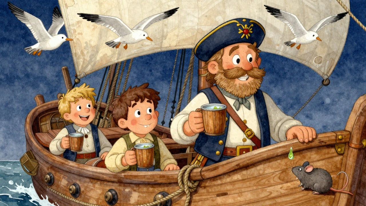 Моряки пьют грог на корабле, море и паруса вокруг них.