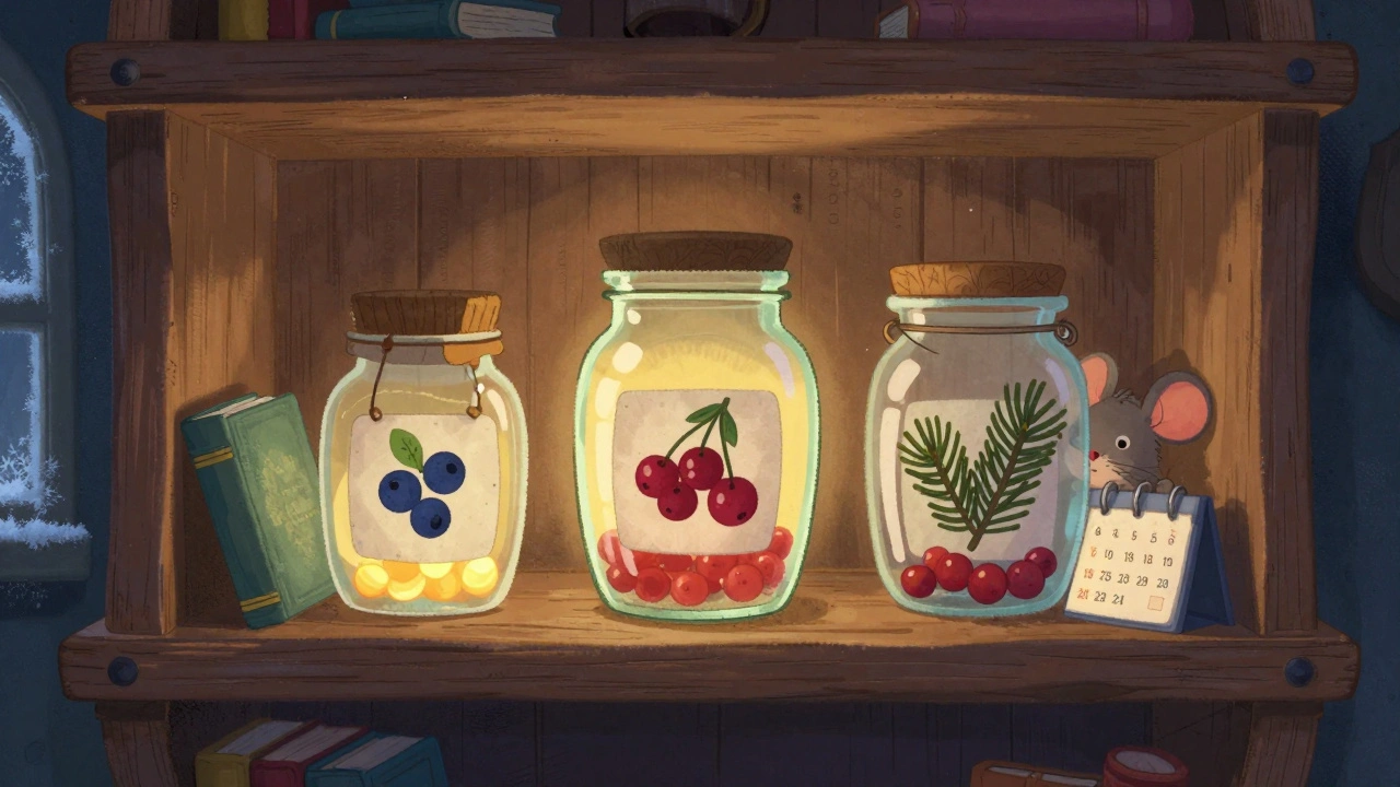 На полке стоят три магические настойки с ягодами и травами в банках, светится лунным светом.