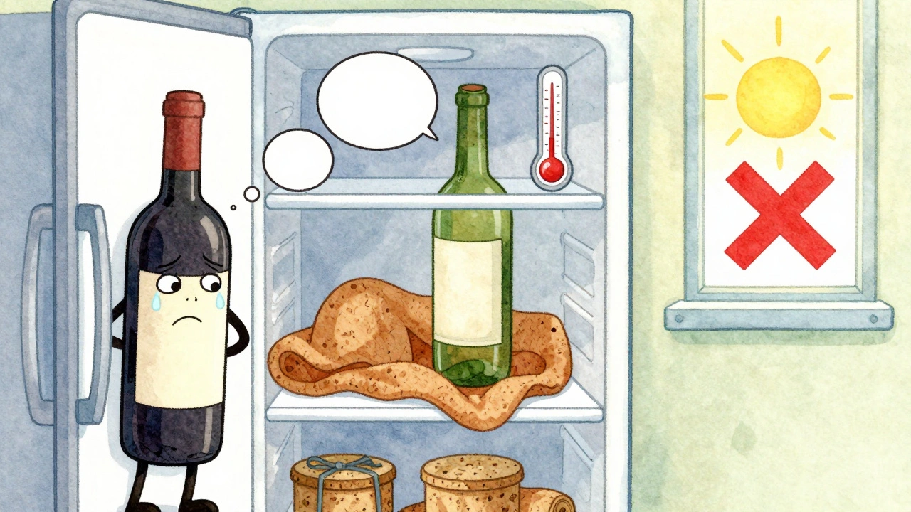 Одна бутылка пет-ната паникует на дверце холодильника, другая спокойно отдыхает на полке с термометром 7°C.