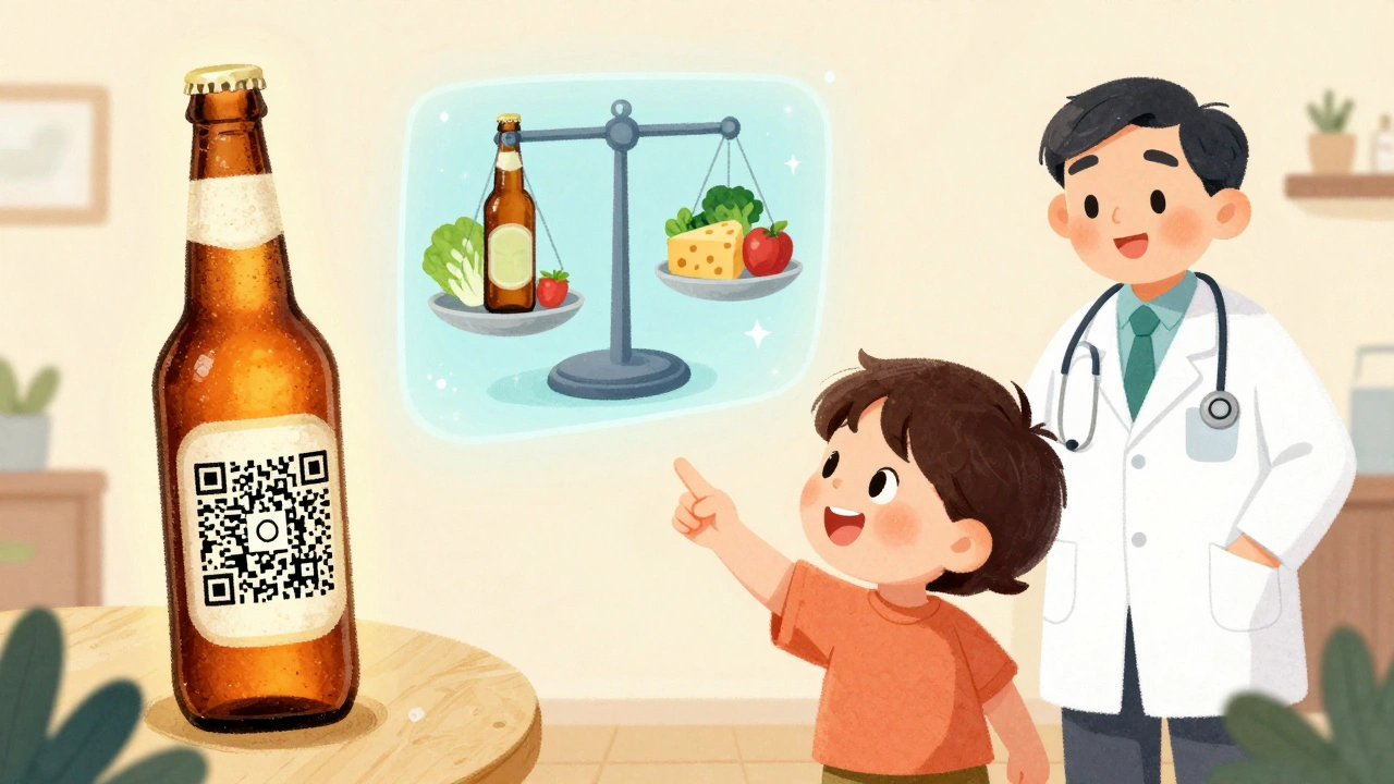 Ребёнок смотрит на QR-код на пиве, который показывает голографическую шкалу с едой.