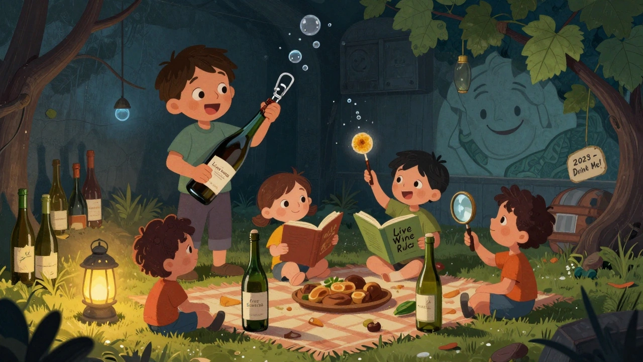 Семья бутылок устраивает пикник в погребе, одна открывает пет-нат с металлическим зажимом, пузырьки поднимаются как шарики.